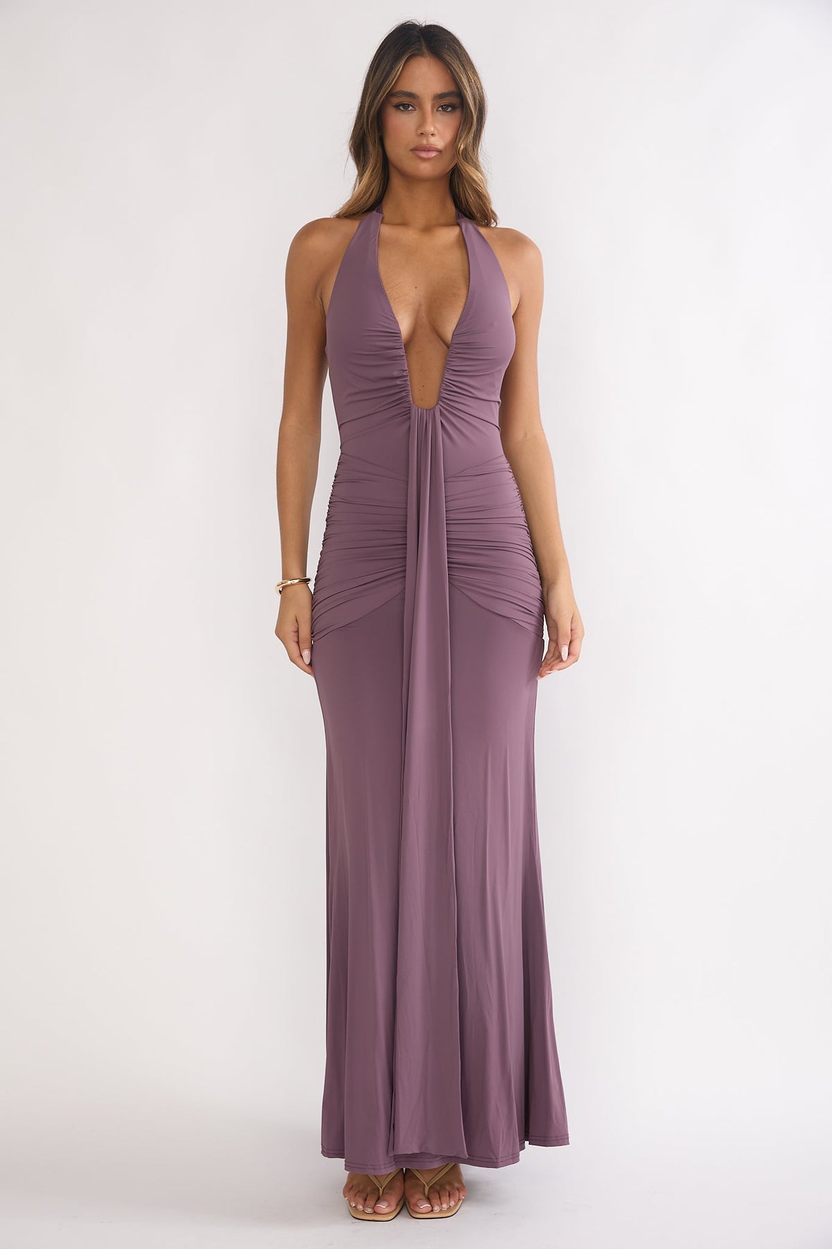 Brienna Halter Ruched Maxi Dress Mauve