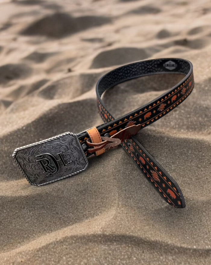 Red Dirt Hat Co. Men’s Genuine  Black w/Rust Bison and Brown Printed Design Leather Belt 24069BE5-Painted Cowgirl Western Store