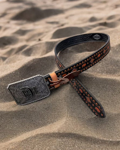 Red Dirt Hat Co. Men’s Genuine  Black w/Rust Bison and Brown Printed Design Leather Belt 24069BE5-Painted Cowgirl Western Store