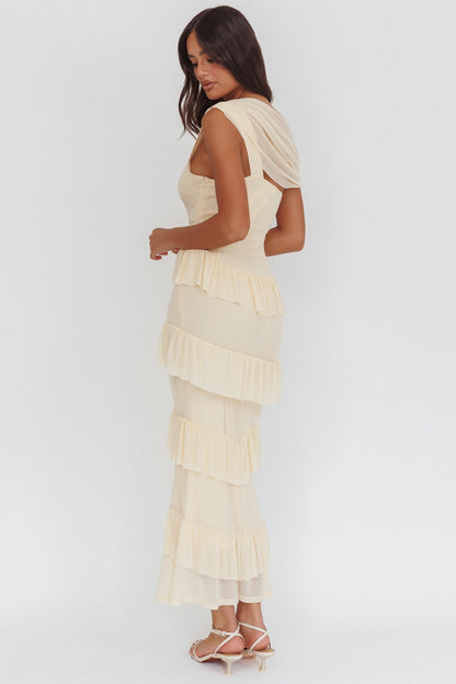 Anaisa Asymmetric Neckline Frill Maxi Dress Cream