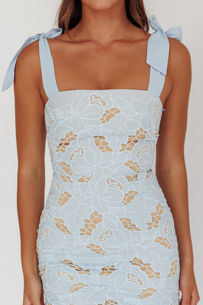 Coastal Bloom Tied Shoulder Maxi Dress Embroidered Baby Blue