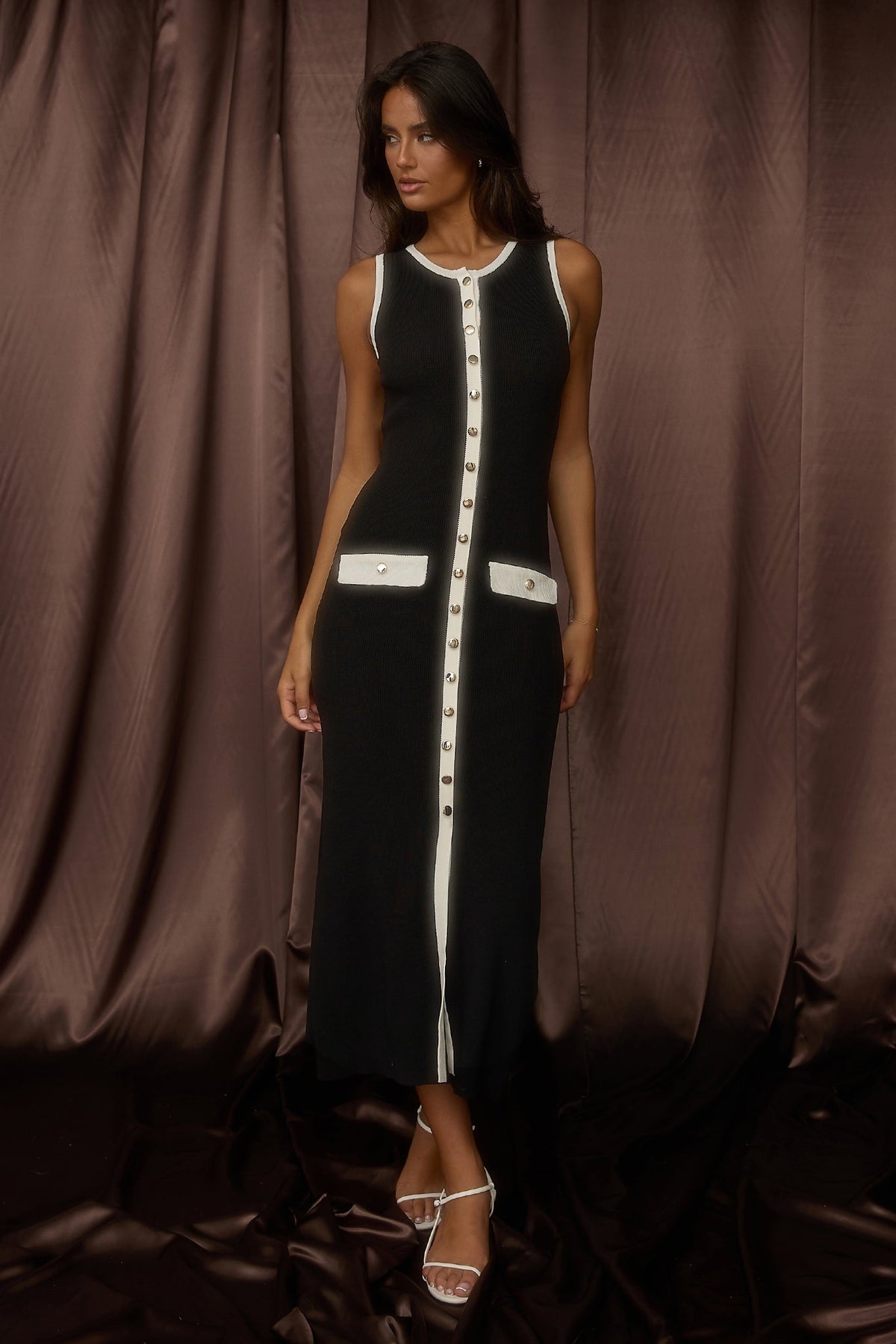 Thessa Faux Placket Knit Maxi Dress Black