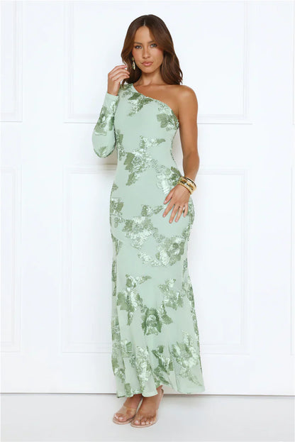 Glow Queen Energy One Shoulder Maxi Dress Sage