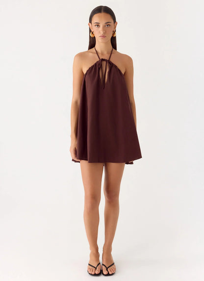 Soft Breeze Linen Mini Dress - Chocolate