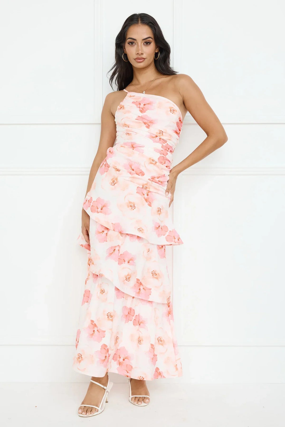 Petal Whirl One Shoulder Maxi Dress Pink