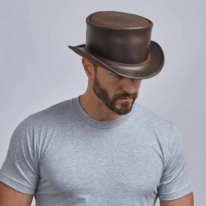 American Hat Makers 'Marlow' Brown Leather Unbanded Top Hat AHMBRMU-Painted Cowgirl Western Store