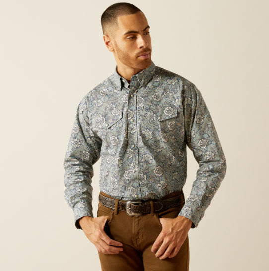 Ariat Men's Rocky Khaki Paisley Print Classic Fit Snap Long Sleeve Western Shirt 10052620