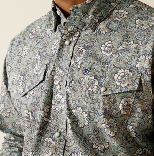 Ariat Men's Rocky Khaki Paisley Print Classic Fit Snap Long Sleeve Western Shirt 10052620