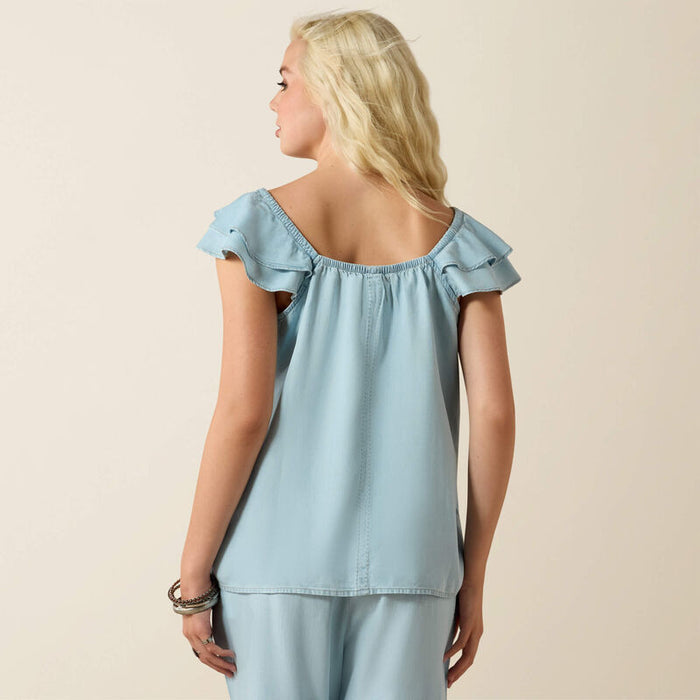 Ariat Women's Lynn Light Blue Indigo Wash Ruffle Sleeveless Top 10071135