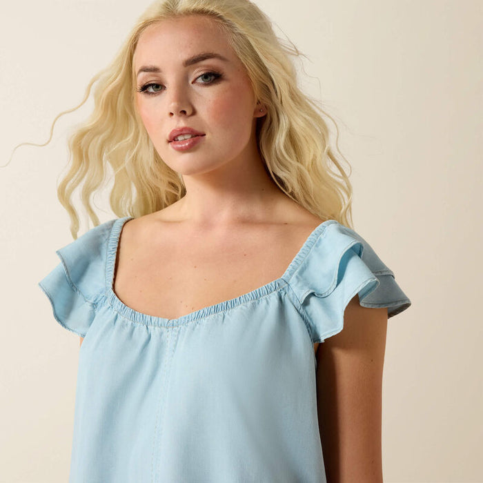 Ariat Women's Lynn Light Blue Indigo Wash Ruffle Sleeveless Top 10071135