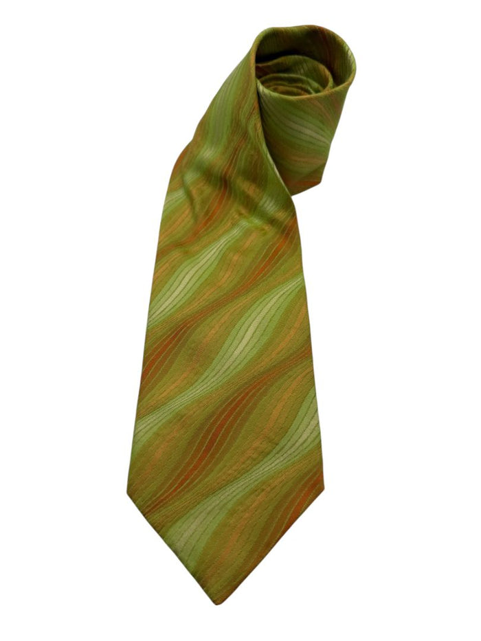 Barneys New York Silk Necktie in Olive & Copper Wave Pattern – Excellent Pre-Owned Condition