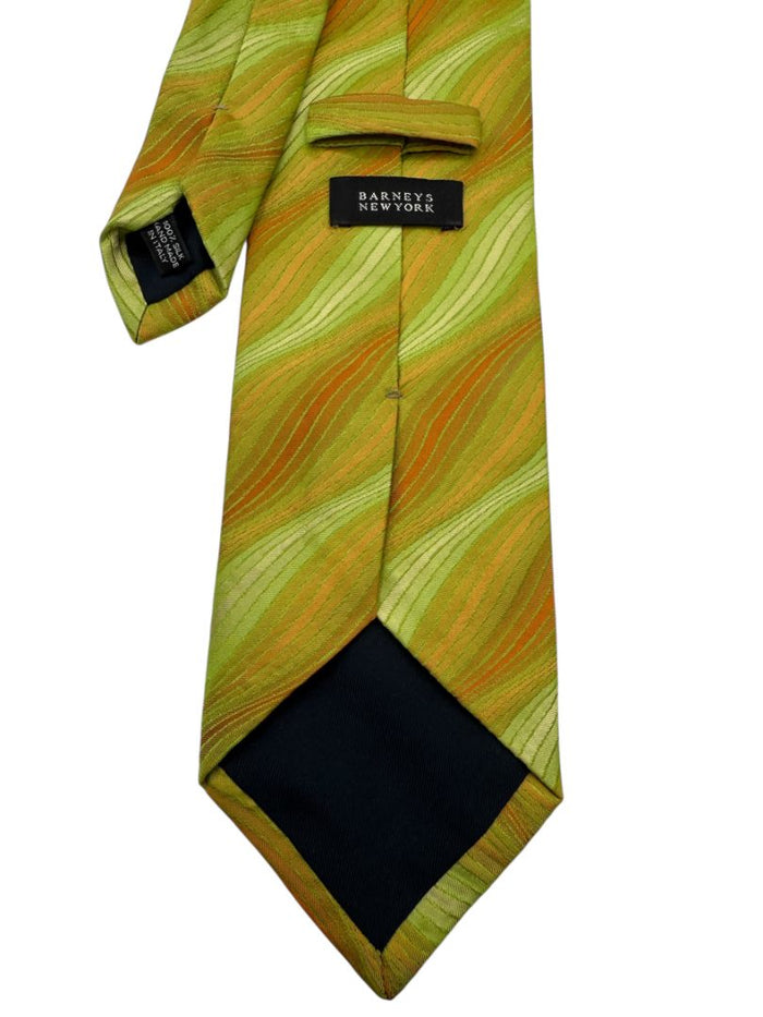 Barneys New York Silk Necktie in Olive & Copper Wave Pattern – Excellent Pre-Owned Condition