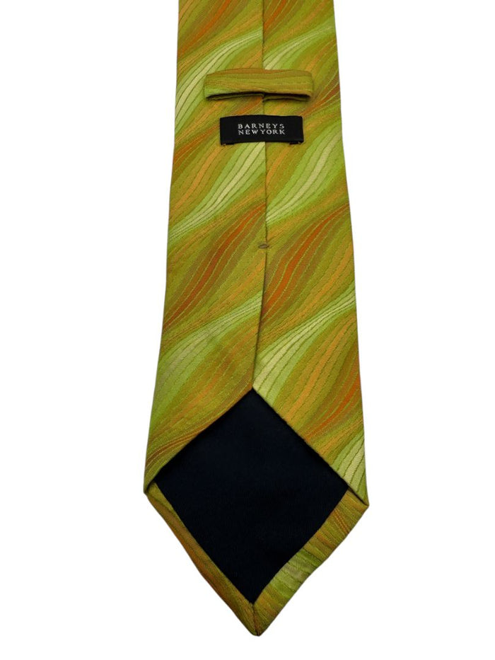 Barneys New York Silk Necktie in Olive & Copper Wave Pattern – Excellent Pre-Owned Condition