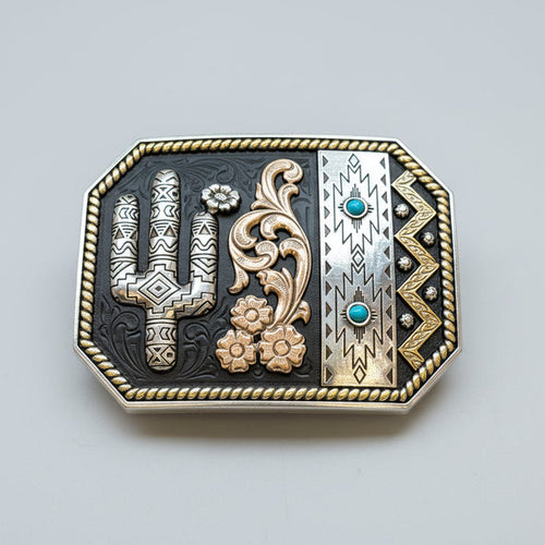 Blazin' Roxx Southwestern Cactus Multi Finish Rectangle Belt Buckle 37942