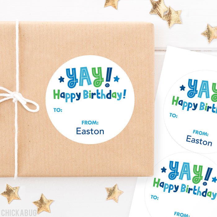 Blue "YAY! Happy Birthday!" Gift Labels