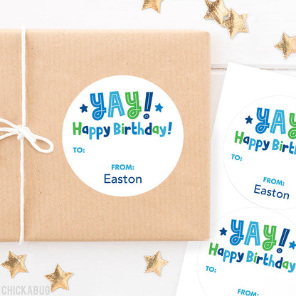 Blue "YAY! Happy Birthday!" Gift Labels