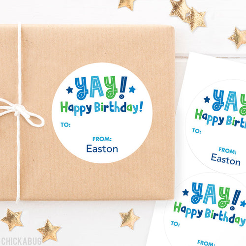 Blue "YAY! Happy Birthday!" Gift Labels