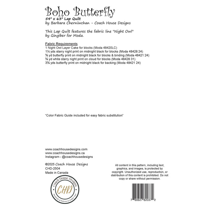 Fabric guide and specifications for a lap quilt titled 'Boho Butterfly' by Coach House Designs.