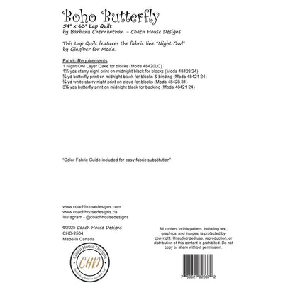 Fabric guide and specifications for a lap quilt titled 'Boho Butterfly' by Coach House Designs.