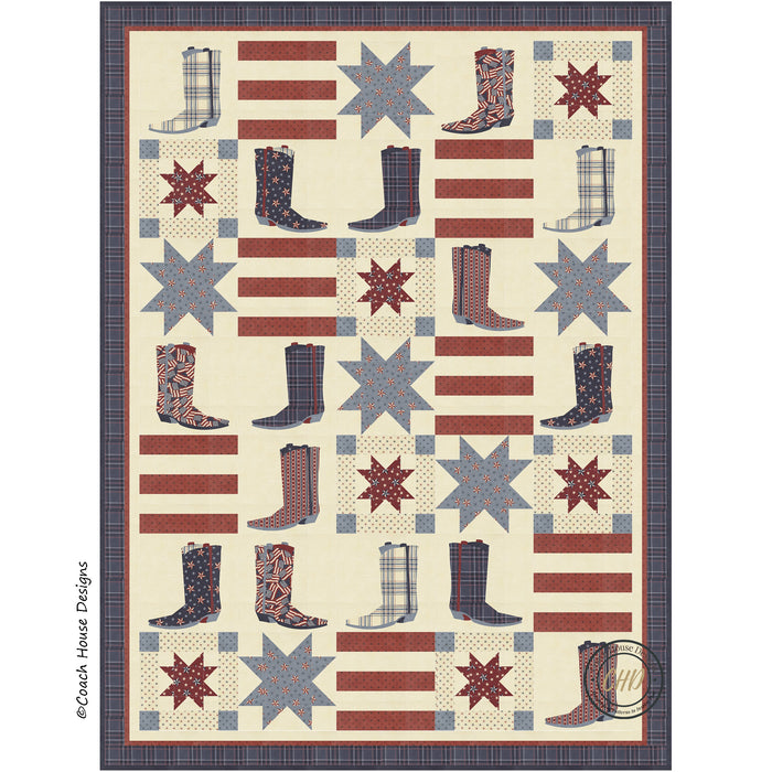 Close up image of an Americana inspired lap quilt pattern with blue and red boots, stars and stripes on a beige background.