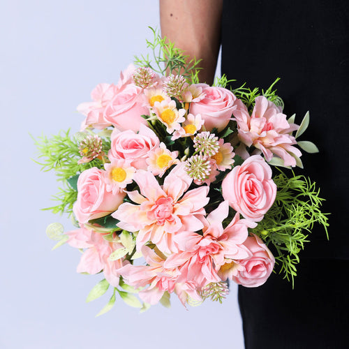 Bulk 9" Free-Form Bridal Bouquet in Soft Pink Rose Dahlia and Daisy Bouquet Wholesale