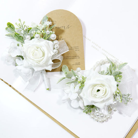 Bulk Rose Wrist Corsage Wristlet Band Bracelet and Men Boutonniere Set for White Wedding Wholesale