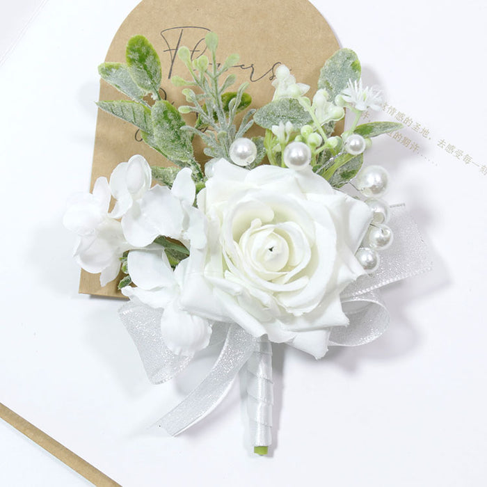 Bulk Rose Wrist Corsage Wristlet Band Bracelet and Men Boutonniere Set for White Wedding Wholesale