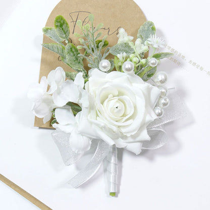 Bulk Rose Wrist Corsage Wristlet Band Bracelet and Men Boutonniere Set for White Wedding Wholesale