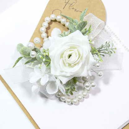 Bulk Rose Wrist Corsage Wristlet Band Bracelet and Men Boutonniere Set for White Wedding Wholesale