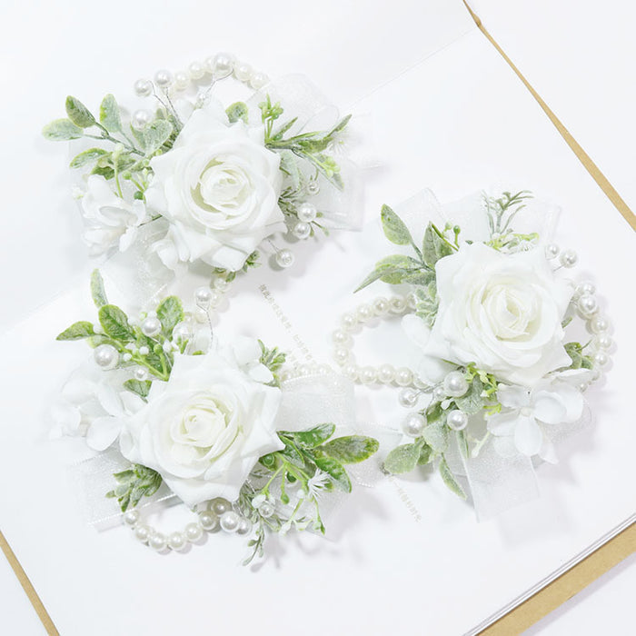 Bulk Rose Wrist Corsage Wristlet Band Bracelet and Men Boutonniere Set for White Wedding Wholesale