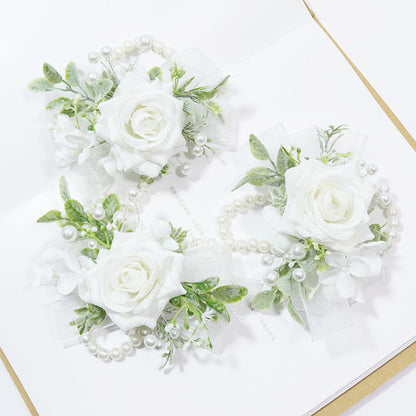 Bulk Rose Wrist Corsage Wristlet Band Bracelet and Men Boutonniere Set for White Wedding Wholesale