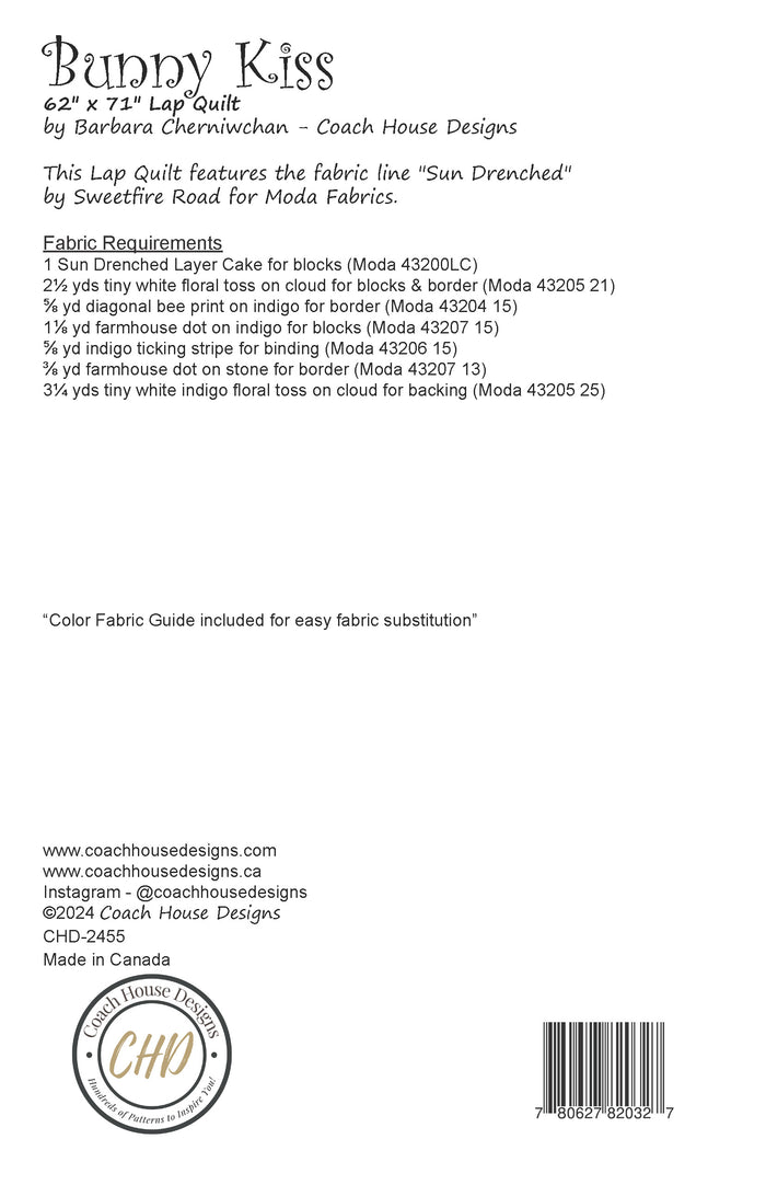 Textual information about the lap quilt sewing pattern titled 'Bunny Kiss' by Coach House Designs.