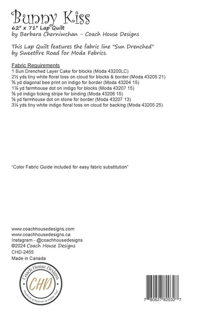 Textual information about the lap quilt sewing pattern titled 'Bunny Kiss' by Coach House Designs.