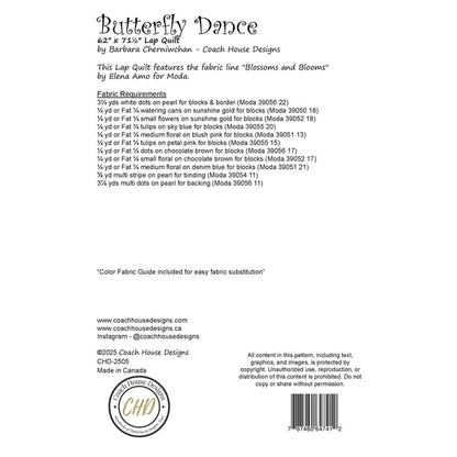 Fabric guide and specifications for a lap quilt titled 'Boho Butterfly' by Coach House Designs.