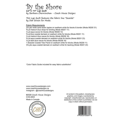 This page contains information about a lap quilt sewing pattern titled 'By the Shore' by Coach House Designs. It includes specifications and yardage requirements from the fabric collection "Seaside" by Deb Strain for Moda.