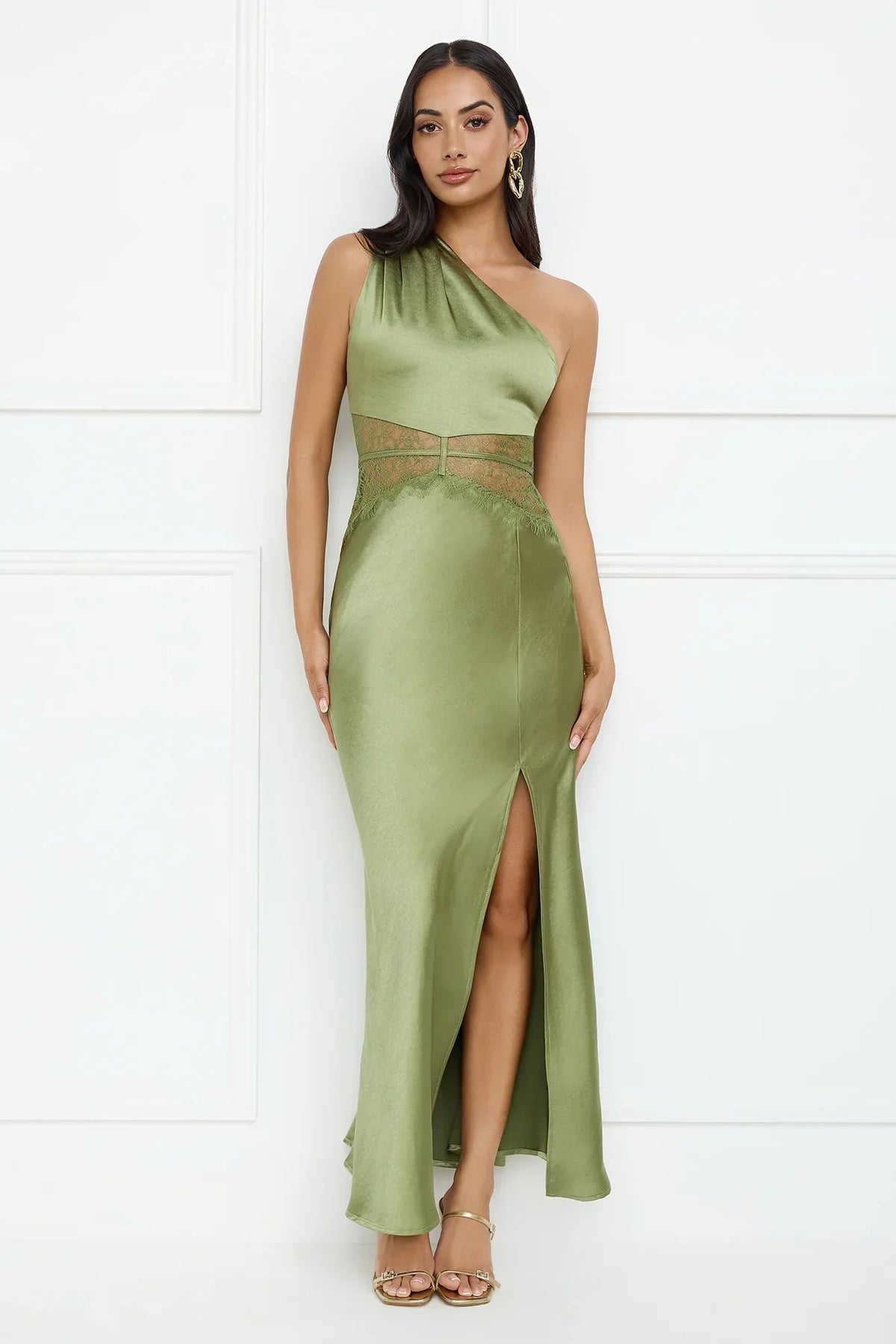 Show You Love One Shoulder Satin Maxi Dress Green