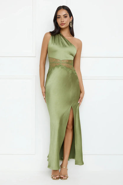 Show You Love One Shoulder Satin Maxi Dress Green