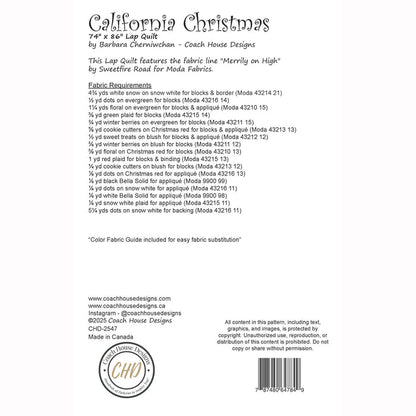 This page contains information about a lap quilt sewing pattern titled 'California Christmas' by Coach House Designs. It includes specifications and yardage requirements from the fabric collection "Merrily on High" by Sweetfire Road for Moda.