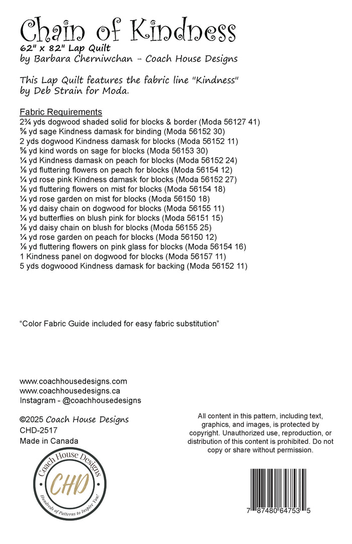 Textual information about a lap quilt sewing pattern titled 'Chain of Kindness' by Coach House Designs. This page contains information about the design specifications and fabric requirements to make the quilt.