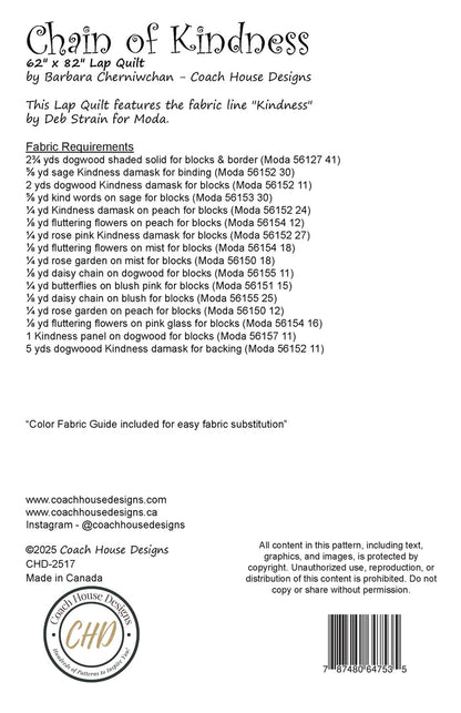 Textual information about a lap quilt sewing pattern titled 'Chain of Kindness' by Coach House Designs. This page contains information about the design specifications and fabric requirements to make the quilt.