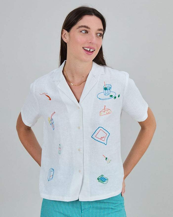 Chiringuito Embroidery Aloha Blouse White - Linen & Ecovero Viscose