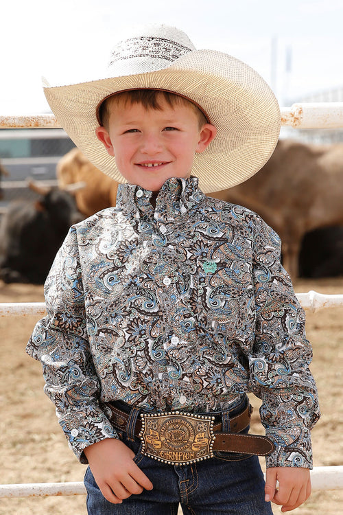 Cinch Boy's Brown Paisley Print Button Long Sleeve Western Shirt MTW7060309-Painted Cowgirl Western Store