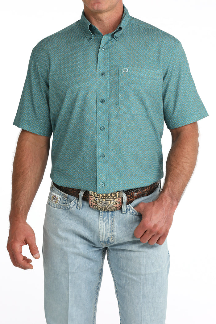 Cinch Men's ArenaFlex Teal Geo Print Button Short Sleeve Western Shirt MTW1725005