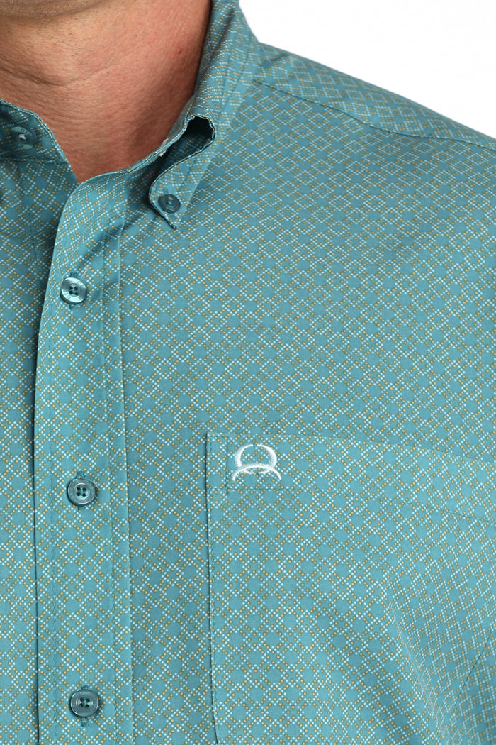 Cinch Men's ArenaFlex Teal Geo Print Button Short Sleeve Western Shirt MTW1725005