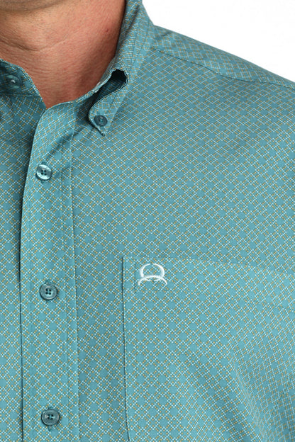 Cinch Men's ArenaFlex Teal Geo Print Button Short Sleeve Western Shirt MTW1725005