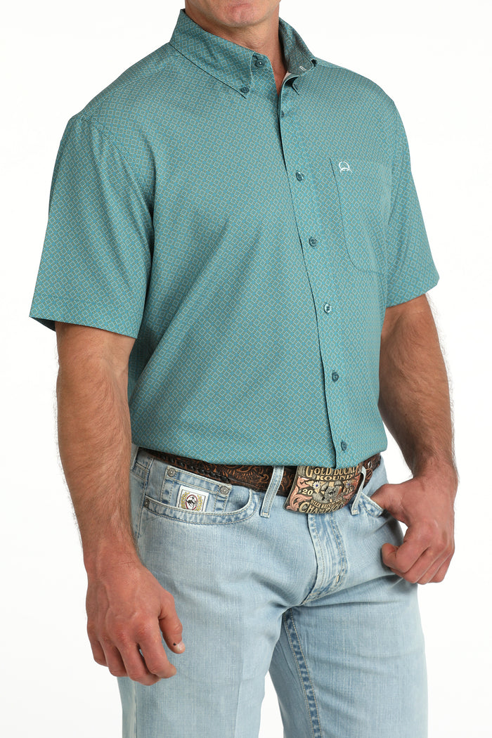 Cinch Men's ArenaFlex Teal Geo Print Button Short Sleeve Western Shirt MTW1725005