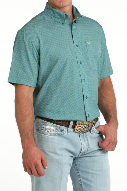 Cinch Men's ArenaFlex Teal Geo Print Button Short Sleeve Western Shirt MTW1725005