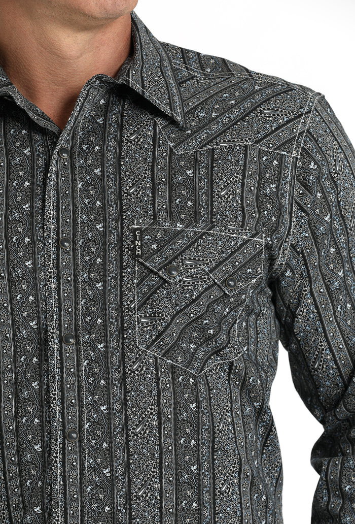 Cinch Men's Black Vertical Print Modern Fit Snap Long Sleeve Western Shirt MTW1301076