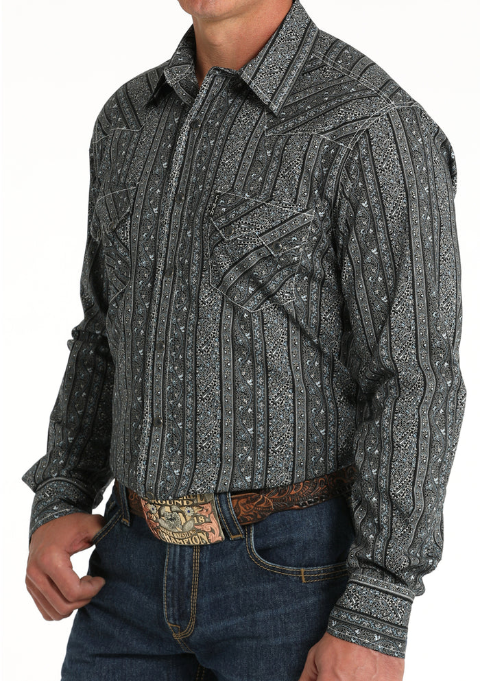 Cinch Men's Black Vertical Print Modern Fit Snap Long Sleeve Western Shirt MTW1301076