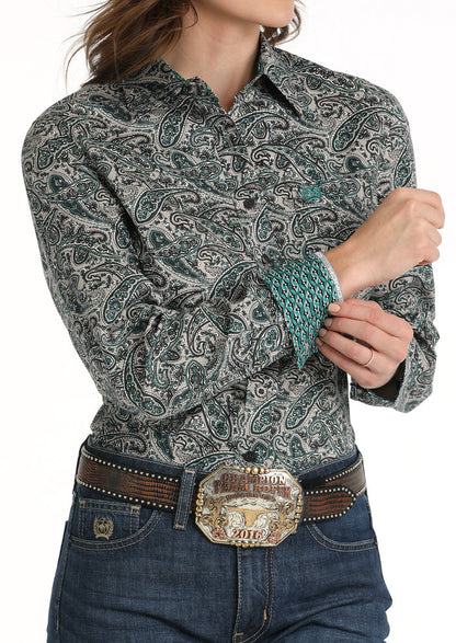 Cinch Women's Grey/Teal Paisley Print Button Up Western Shirt MSW9164223 GRY